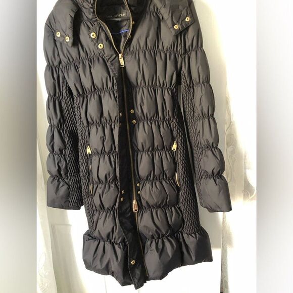 Via Spiga black down puffer jacket coat hoodie sz L full zip up tiny liner stain - Picture 4 of 11